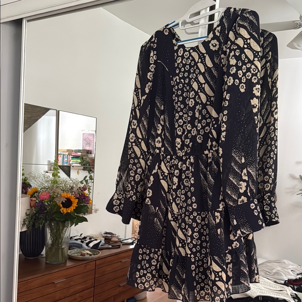 ba&sh Black and Cream Floral Long Sleeve Dress